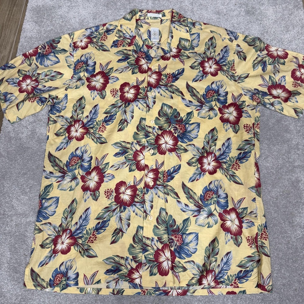 Burma Bibas Shirt Mens Medium Yellow Floral Hawaiian Tropical Cotton Button Up